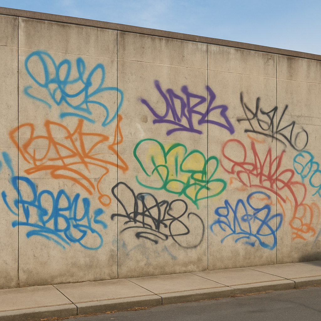 Avant — Façade commerciale couverte de graffitis